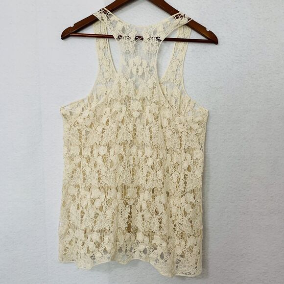 Blouse Woman Large Ivory Crochet Scallop Edge Sheer Razorback Sleeveless Cottage - Picture 2 of 7